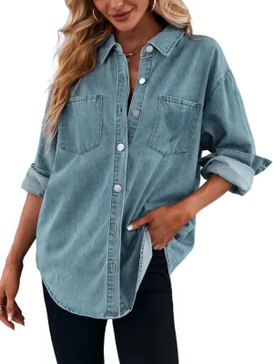 Women's Casual Button Down Denim Shirt Long Sleeve Boyfriend Oversized Jean Jacket with Pockets