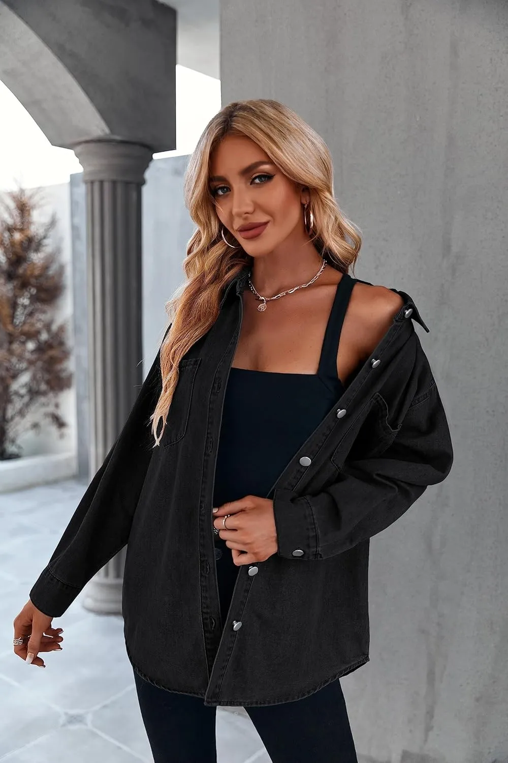 Women's Casual Button Down Denim Shirt Long Sleeve Boyfriend Oversized Jean Jacket with Pockets