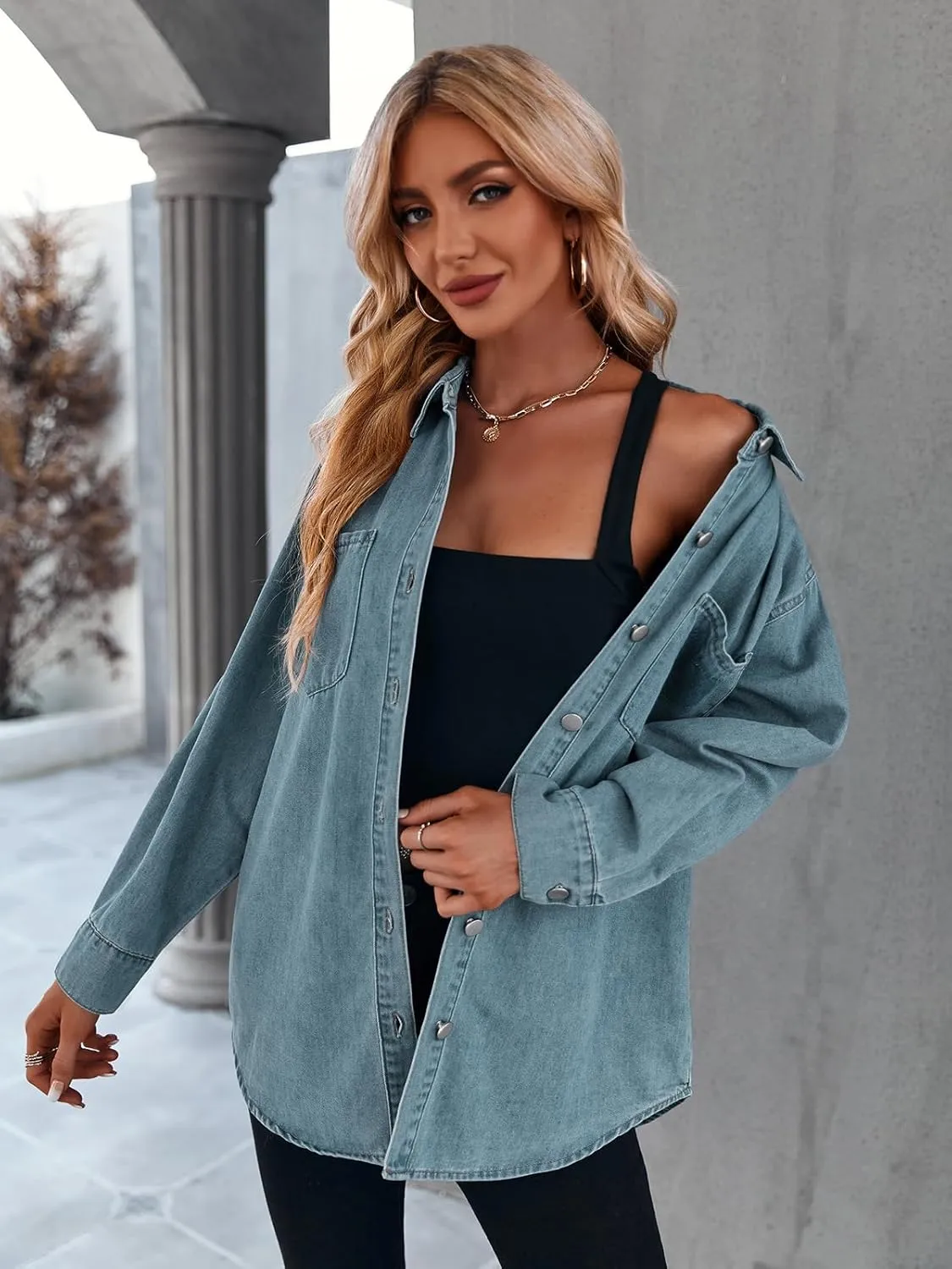 Women's Casual Button Down Denim Shirt Long Sleeve Boyfriend Oversized Jean Jacket with Pockets
