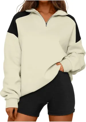 Women's Color Matching Sweatshirts Long Sleeve Hoodies Quarter Zip Fleece Pullover 2024 Fashion Casual Clothes