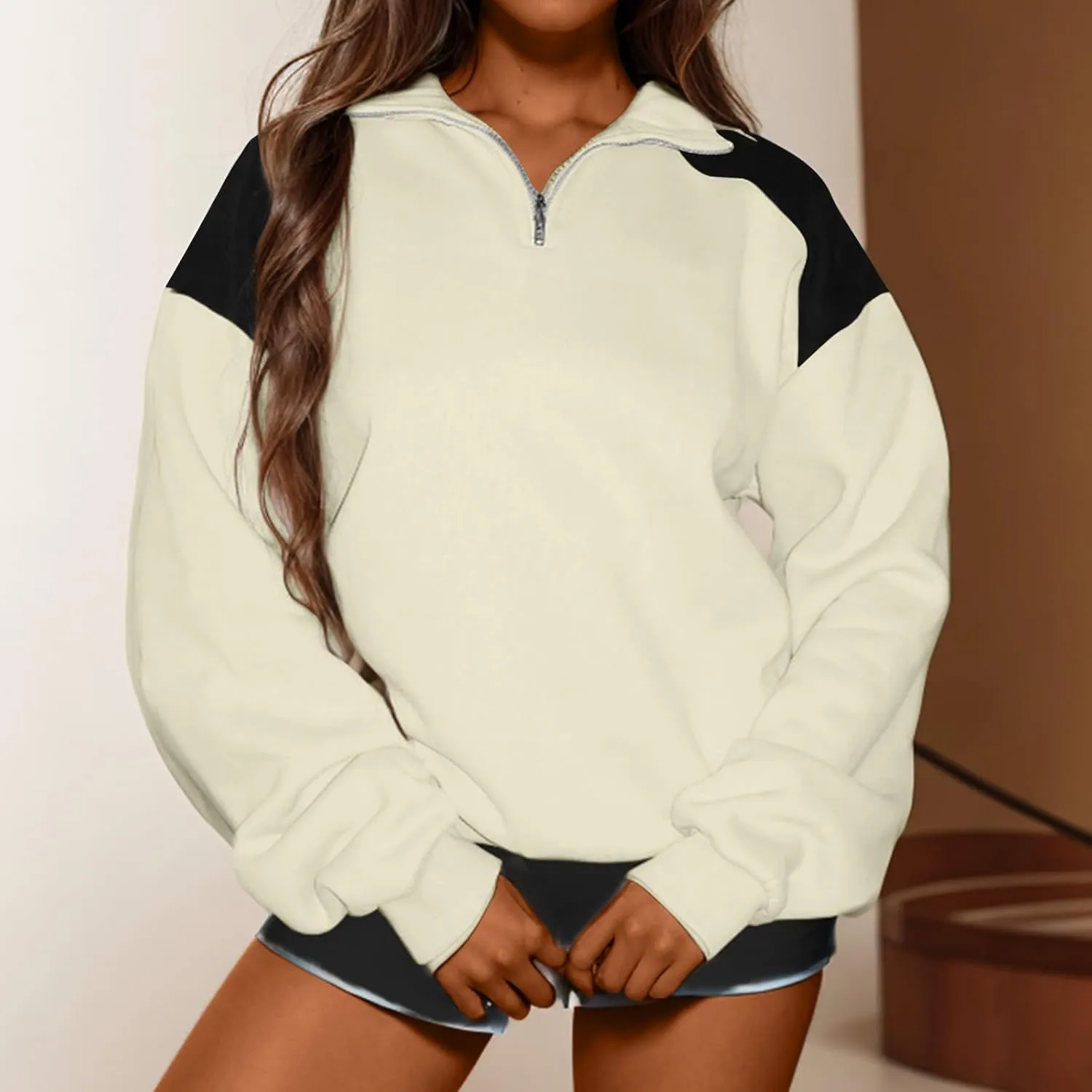 Women's Color Matching Sweatshirts Long Sleeve Hoodies Quarter Zip Fleece Pullover 2024 Fashion Casual Clothes