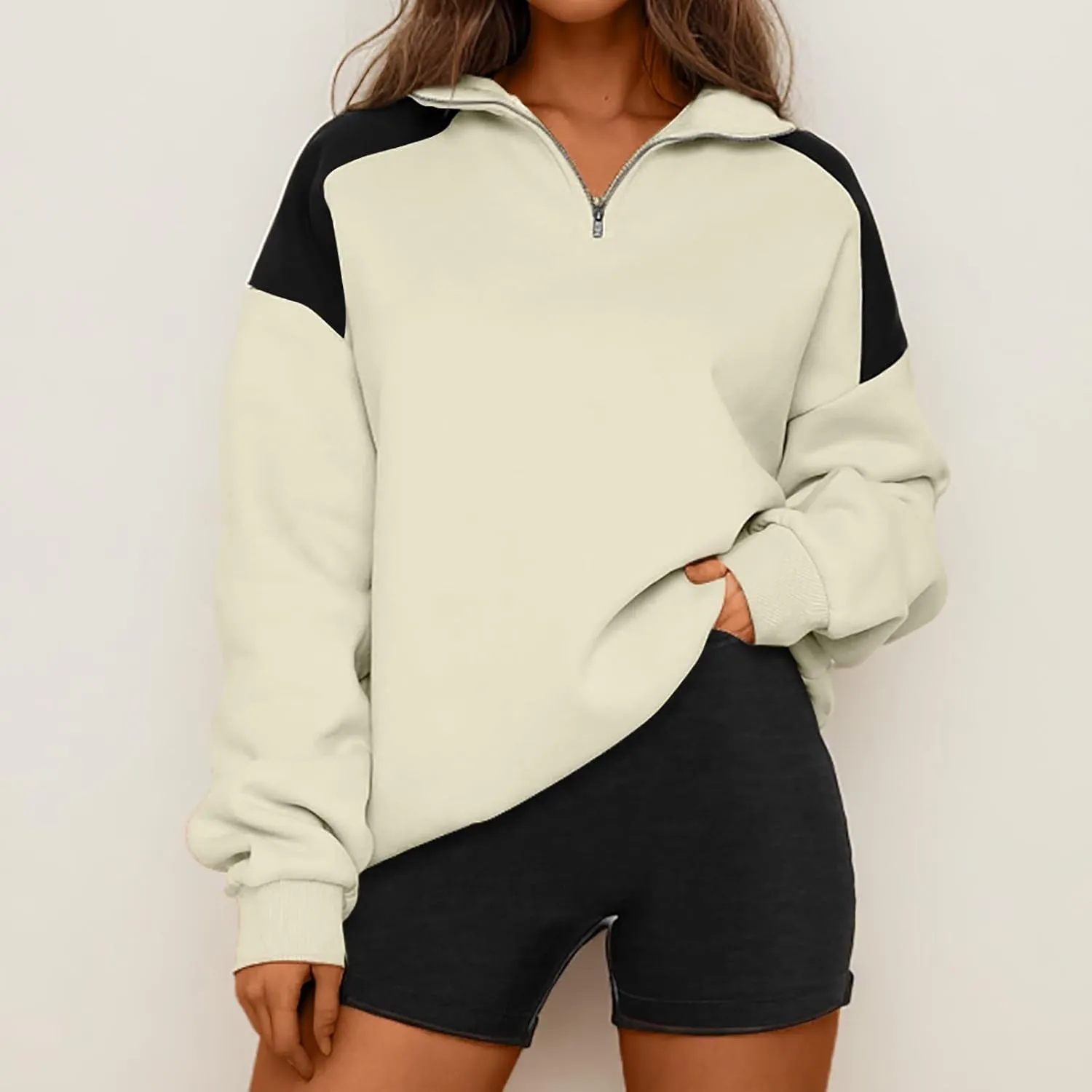 Women's Color Matching Sweatshirts Long Sleeve Hoodies Quarter Zip Fleece Pullover 2024 Fashion Casual Clothes