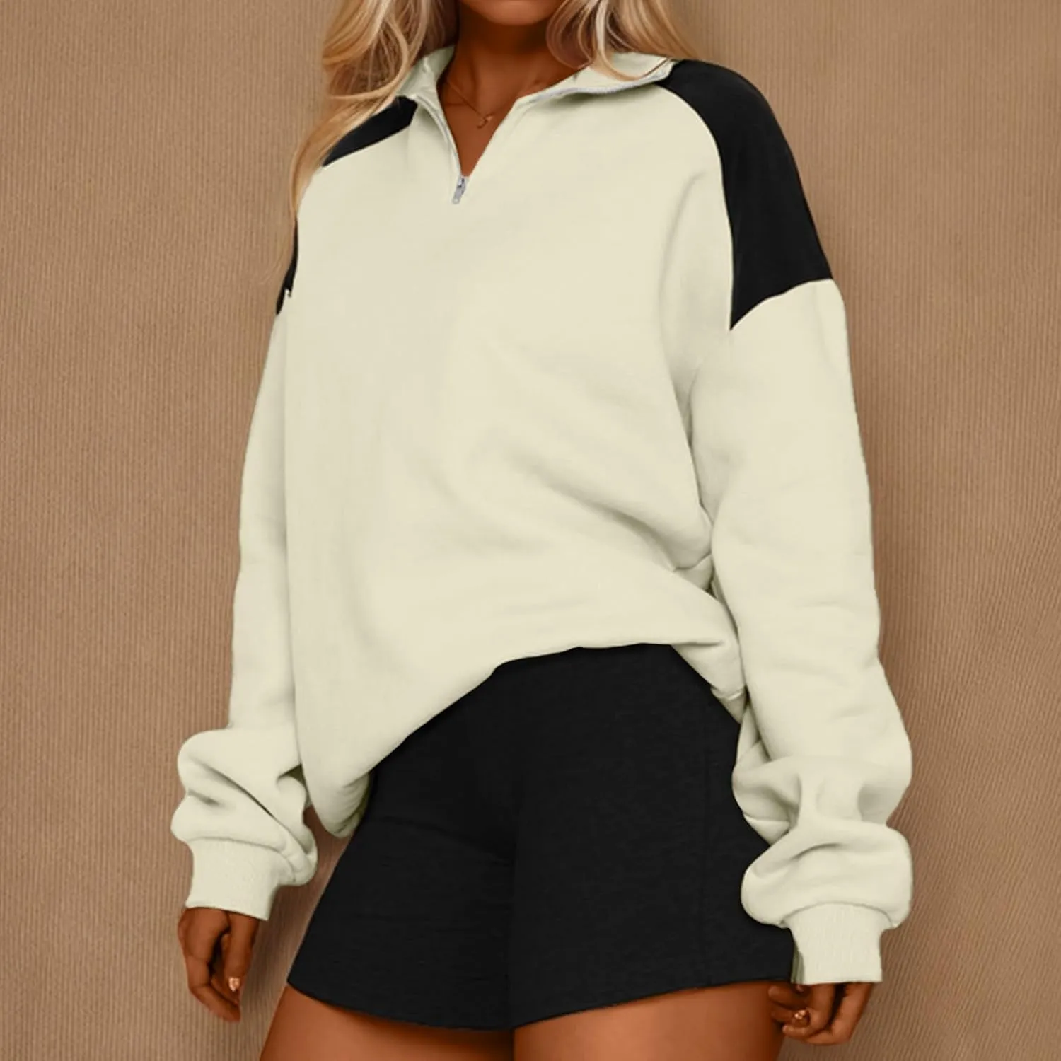 Women's Color Matching Sweatshirts Long Sleeve Hoodies Quarter Zip Fleece Pullover 2024 Fashion Casual Clothes