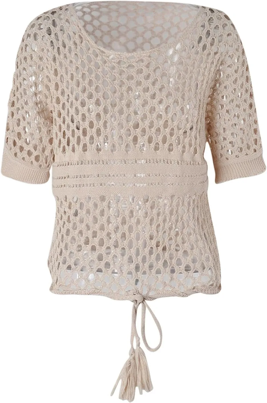 Womens Crochet Eyelet Tops Short Sleeve Summer Beach Sweater Oversized Boat Neck Going Out Mesh Cover Up T Shirts