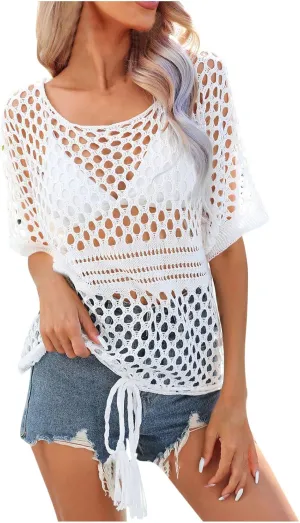 Womens Crochet Eyelet Tops Short Sleeve Summer Beach Sweater Oversized Boat Neck Going Out Mesh Cover Up T Shirts