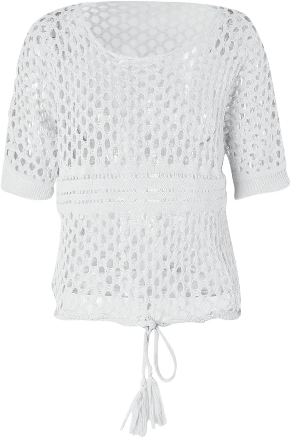 Womens Crochet Eyelet Tops Short Sleeve Summer Beach Sweater Oversized Boat Neck Going Out Mesh Cover Up T Shirts