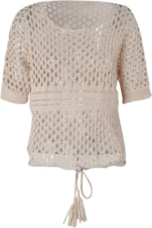 Womens Crochet Eyelet Tops Short Sleeve Summer Beach Sweater Oversized Boat Neck Going Out Mesh Cover Up T Shirts