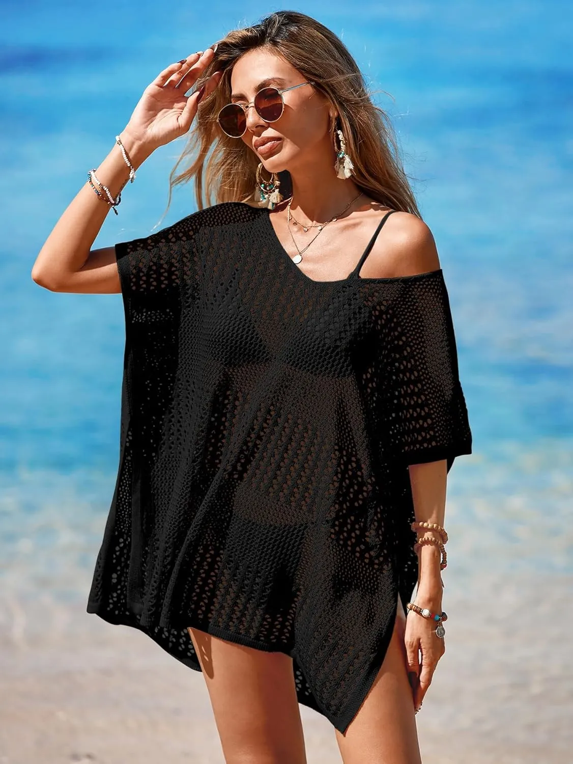 Womens Crochet Knit Oversized Cap Sleeve Beach Mini Dress Summer 2025 V Neck Side Slit Bathing Suit Cover Up