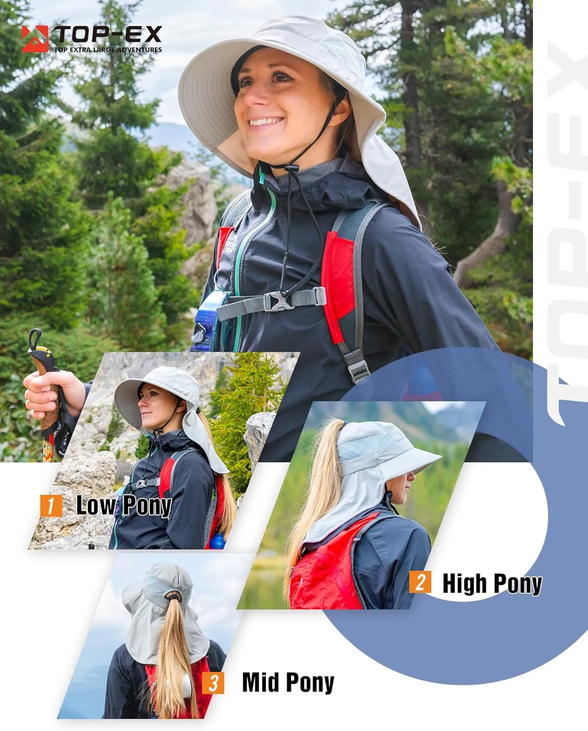 Women's Flap Ponytail UV 50 Packable Mesh Sun Fishing Beach Hiking Oversized XL XXL Hat