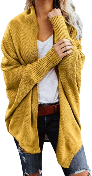 Womens Knitted Cardigan Batwing Sleeve Shawl Neck Sweater Open Front Casual Loose Pullover Coat