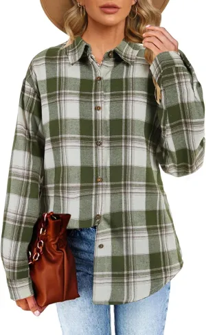 Womens Long Sleeve Plaid Shirts Flannel Collared Button Down Shackets Casual Rolled Up Boyfriend Blouses Tops