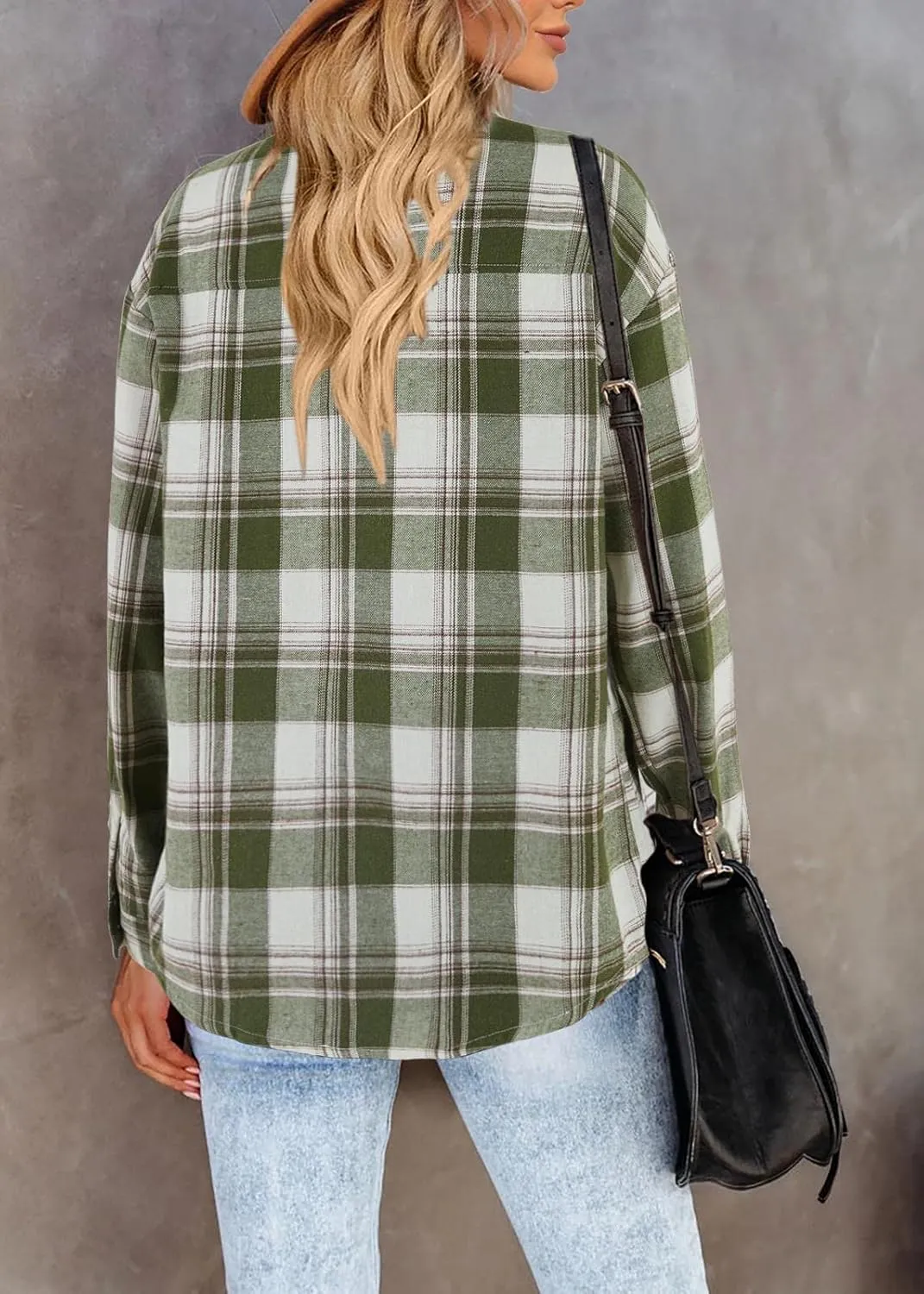 Womens Long Sleeve Plaid Shirts Flannel Collared Button Down Shackets Casual Rolled Up Boyfriend Blouses Tops