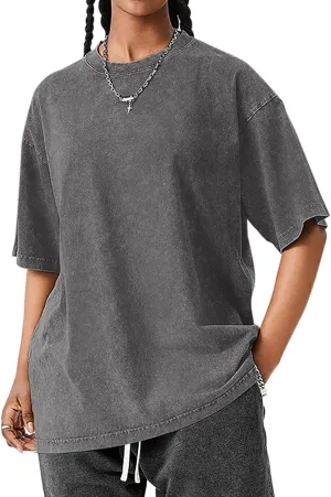 Womens Oversized 100% Cotton T-Shirts Unisex Summer Vintage Short Sleeve Casual Loose Wash Solid Basic Tee Tops