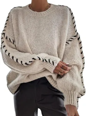 Women's Oversized Crewneck Black Line Splicing Pullover Knit Khaki Sweaters Long Sleeve Loose Winter Fashion Outfits
