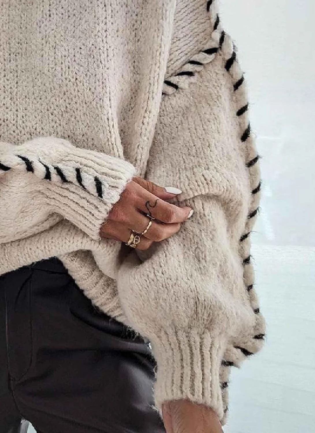 Women's Oversized Crewneck Black Line Splicing Pullover Knit Khaki Sweaters Long Sleeve Loose Winter Fashion Outfits