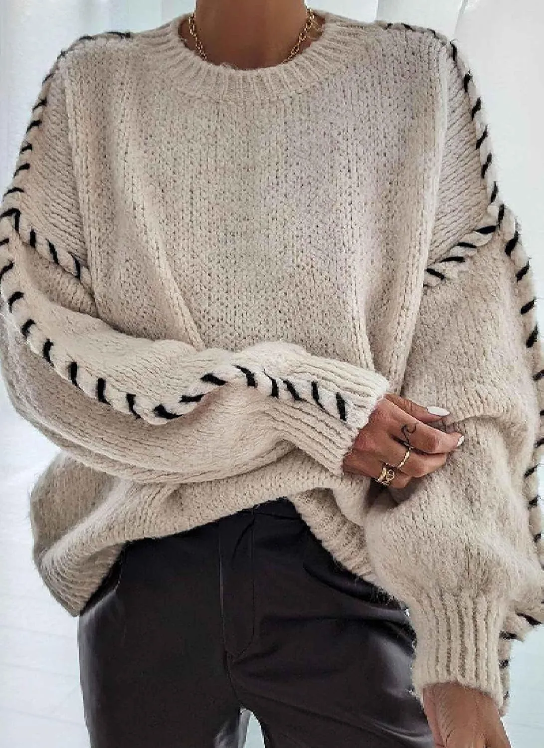 Women's Oversized Crewneck Black Line Splicing Pullover Knit Khaki Sweaters Long Sleeve Loose Winter Fashion Outfits