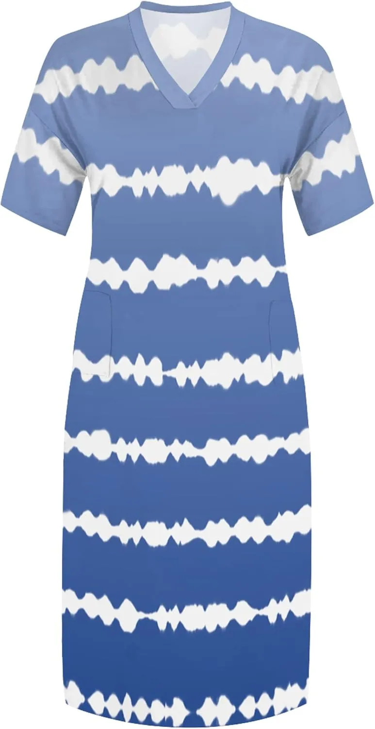 Women's Oversized Short-Sleeved Dress Denim Print V-Neck T-Shirt Maxi Dress Summer Trend Beach Sundress with Pockets