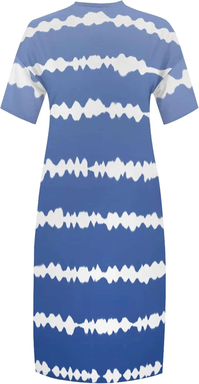Women's Oversized Short-Sleeved Dress Denim Print V-Neck T-Shirt Maxi Dress Summer Trend Beach Sundress with Pockets