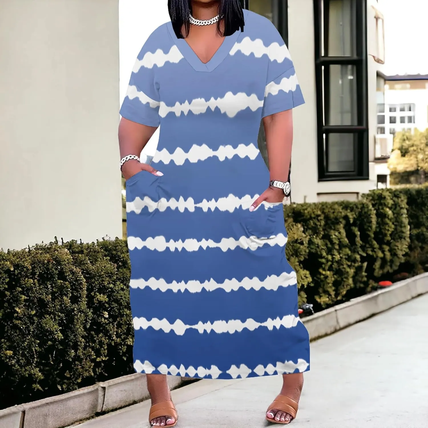 Women's Oversized Short-Sleeved Dress Denim Print V-Neck T-Shirt Maxi Dress Summer Trend Beach Sundress with Pockets