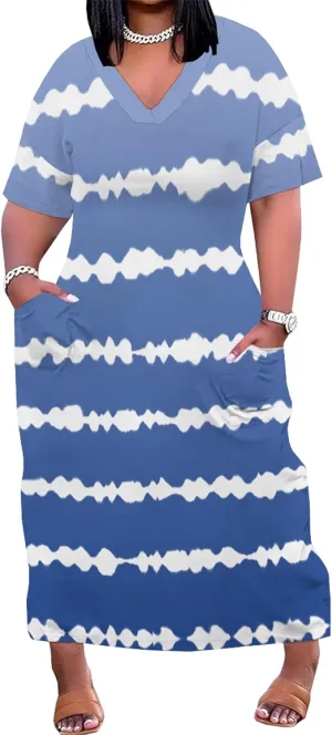 Women's Oversized Short-Sleeved Dress Denim Print V-Neck T-Shirt Maxi Dress Summer Trend Beach Sundress with Pockets