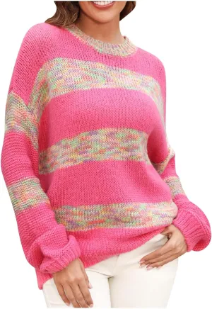 Women's Plus Size Sweater Fashion Splicing Color Block Round Neck Pullover Lazy Oversized Long Sleeve Knit Tops