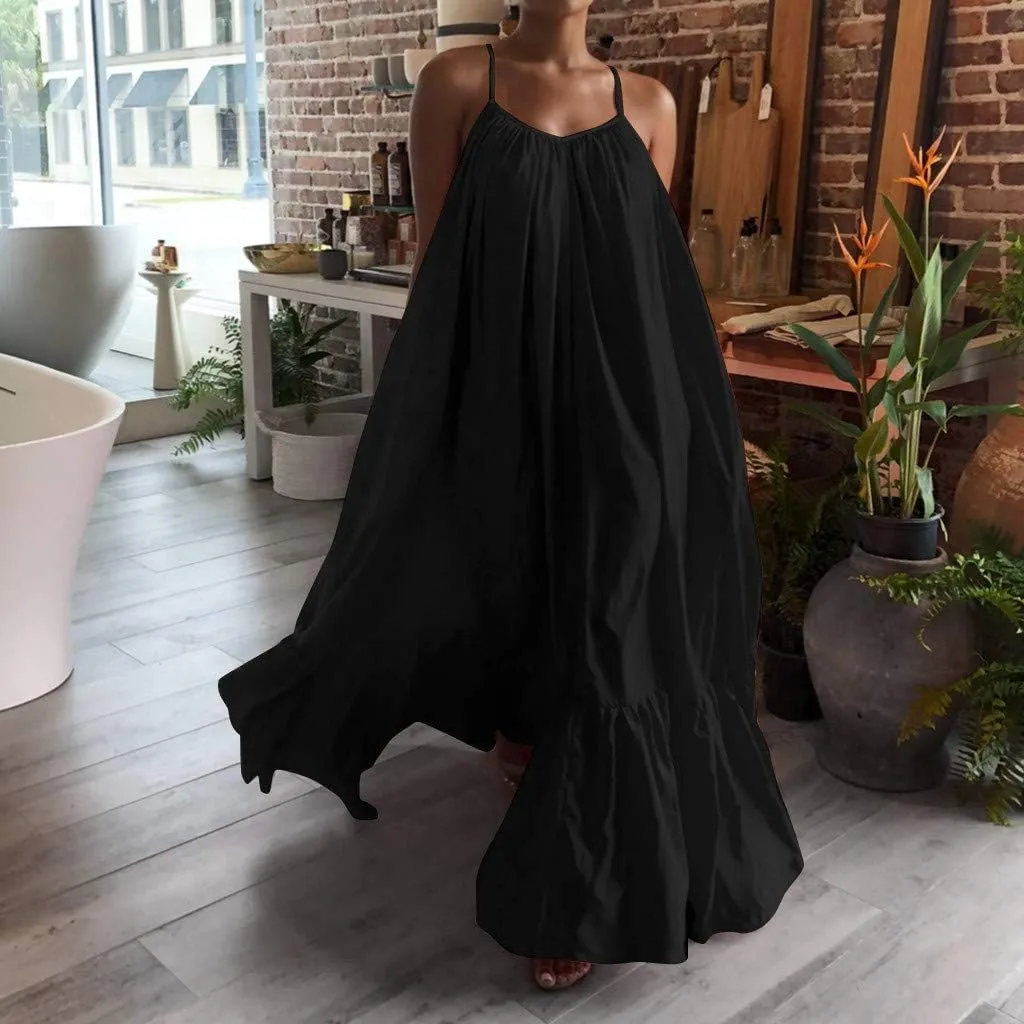 Womens Sexy Spaghetti Strap Sleeveless Ruched Ruffle Hem Bandage Oversized Beach Sundress Loose Long Maxi Swing Dress