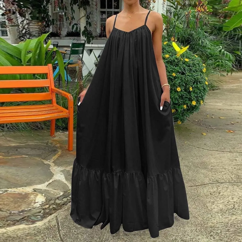 Womens Sexy Spaghetti Strap Sleeveless Ruched Ruffle Hem Bandage Oversized Beach Sundress Loose Long Maxi Swing Dress