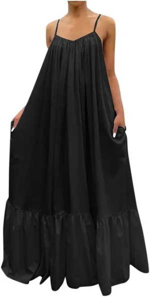 Womens Sexy Spaghetti Strap Sleeveless Ruched Ruffle Hem Bandage Oversized Beach Sundress Loose Long Maxi Swing Dress