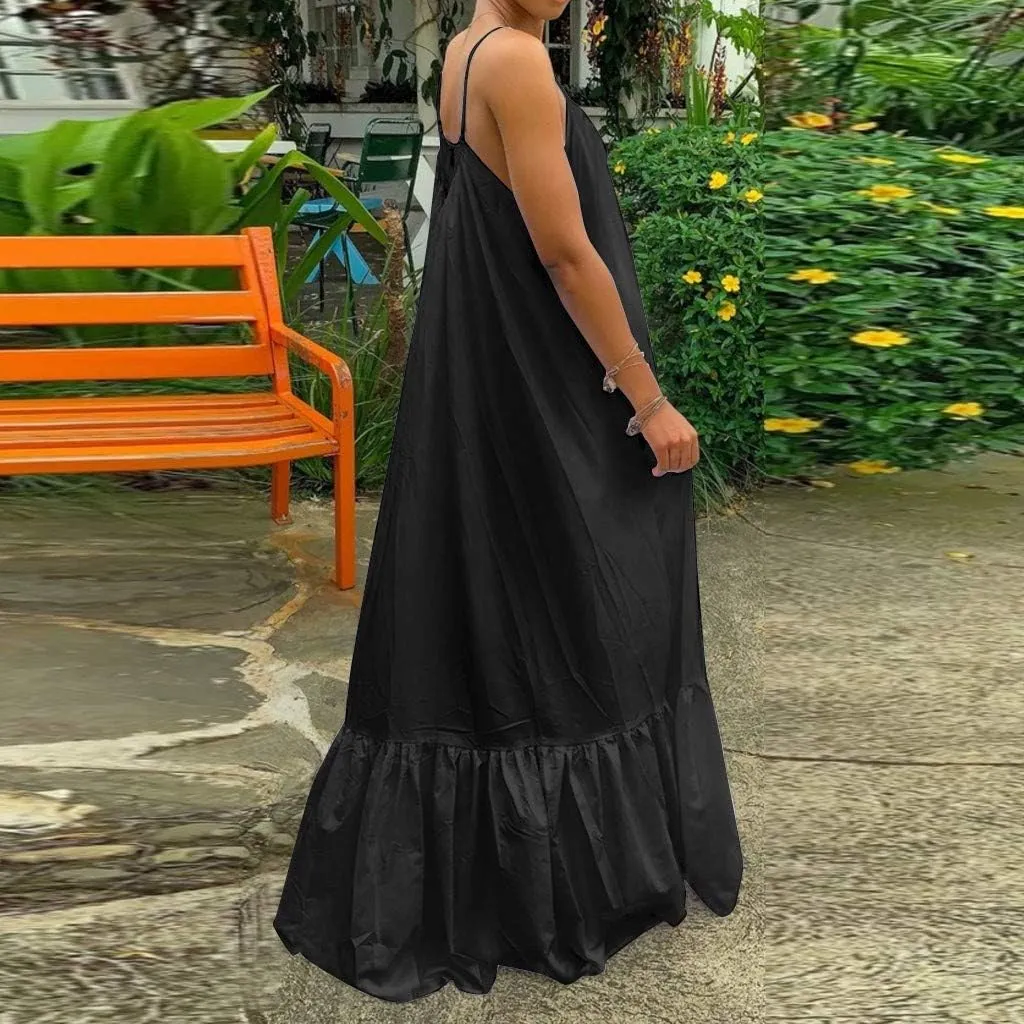 Womens Sexy Spaghetti Strap Sleeveless Ruched Ruffle Hem Bandage Oversized Beach Sundress Loose Long Maxi Swing Dress