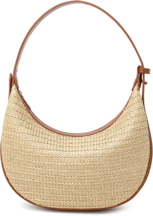 Women's Small Handmade Woven Straw Summer Beach Crescent Hobo Tote Crossbody Bag with Adjustable Strap
