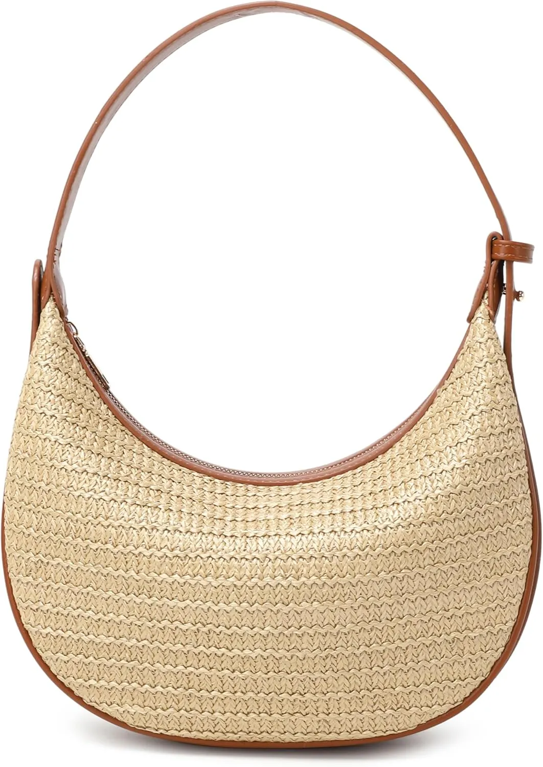 Women's Small Handmade Woven Straw Summer Beach Crescent Hobo Tote Crossbody Bag with Adjustable Strap