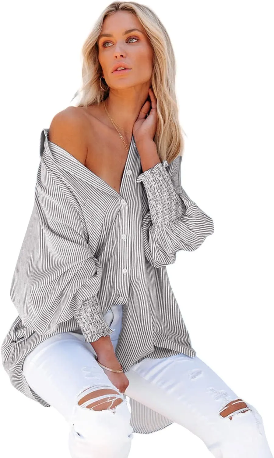 Womens Smocked Cuffed Striped Boyfriend Shirt Casual Collar Long Sleeve Oversized Button Down Blouse Tops with Pocket Shirred