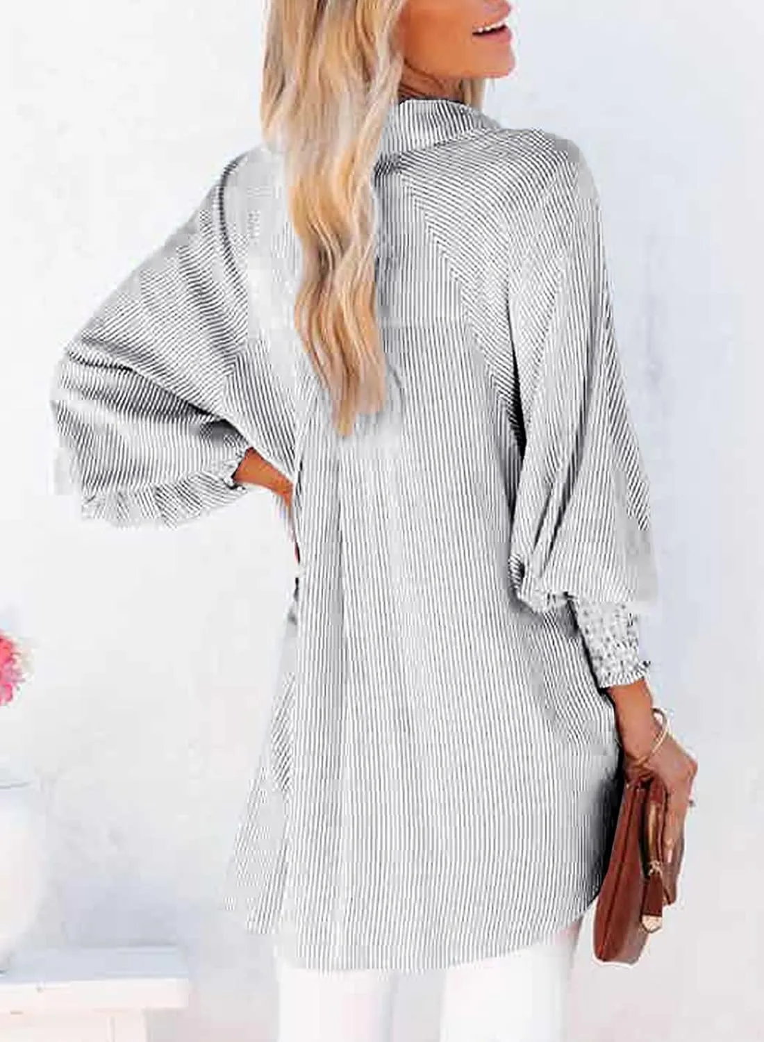 Womens Smocked Cuffed Striped Boyfriend Shirt Casual Collar Long Sleeve Oversized Button Down Blouse Tops with Pocket Shirred
