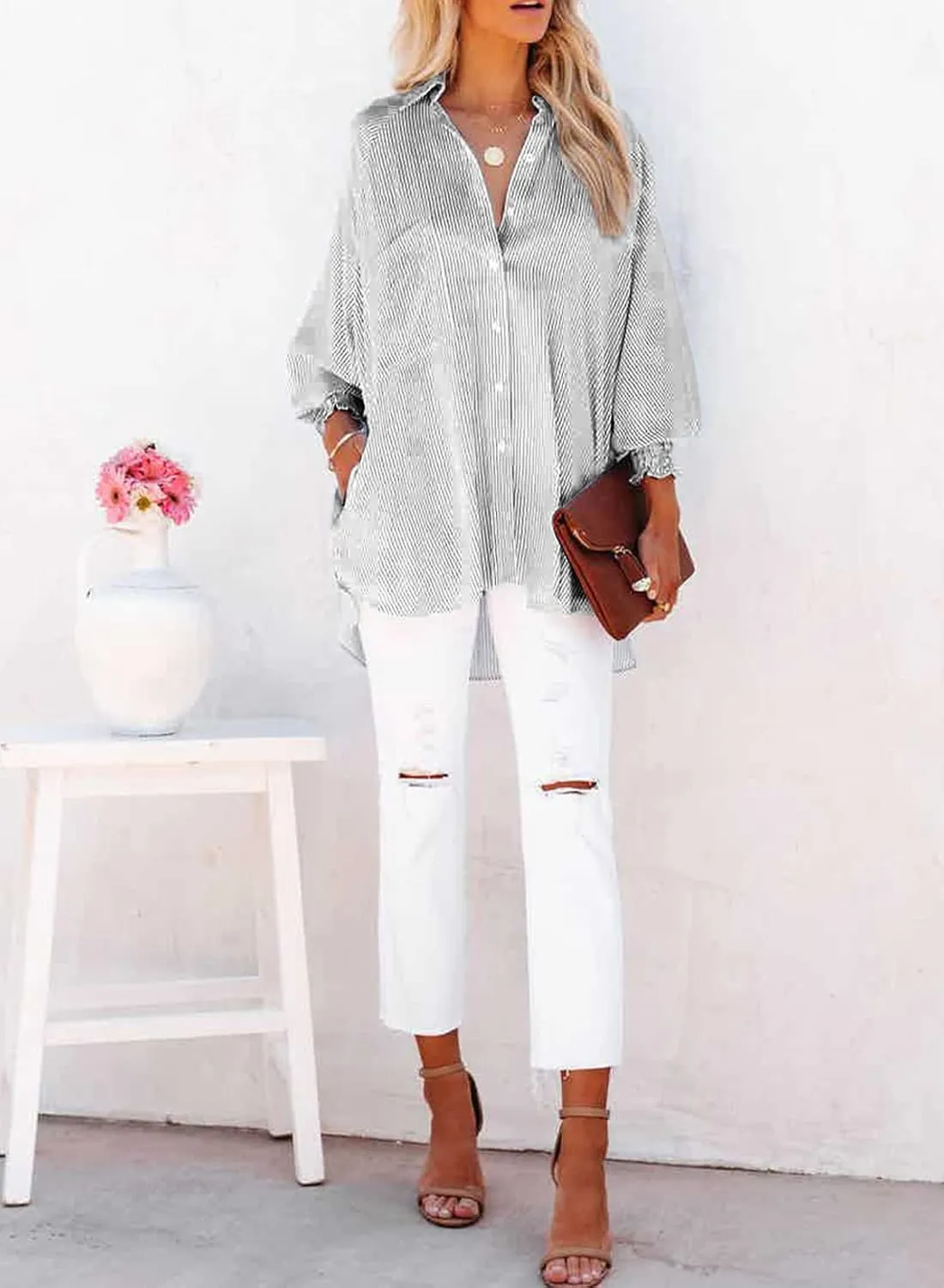 Womens Smocked Cuffed Striped Boyfriend Shirt Casual Collar Long Sleeve Oversized Button Down Blouse Tops with Pocket Shirred