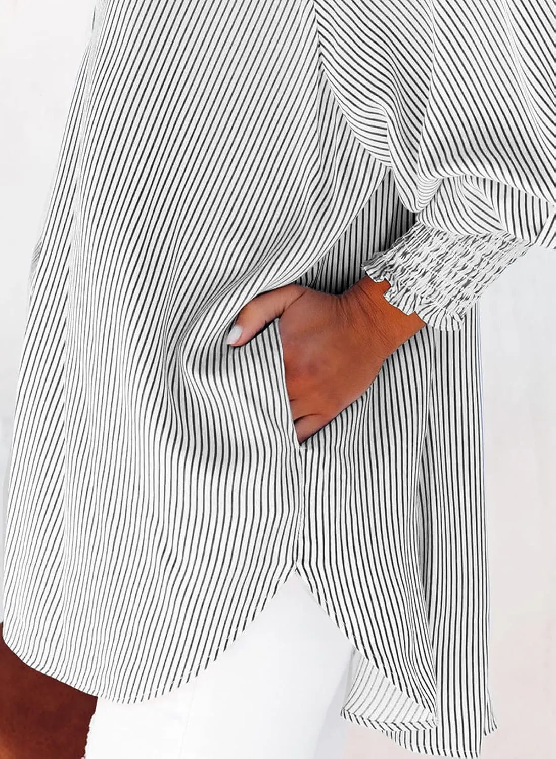 Womens Smocked Cuffed Striped Boyfriend Shirt Casual Collar Long Sleeve Oversized Button Down Blouse Tops with Pocket Shirred