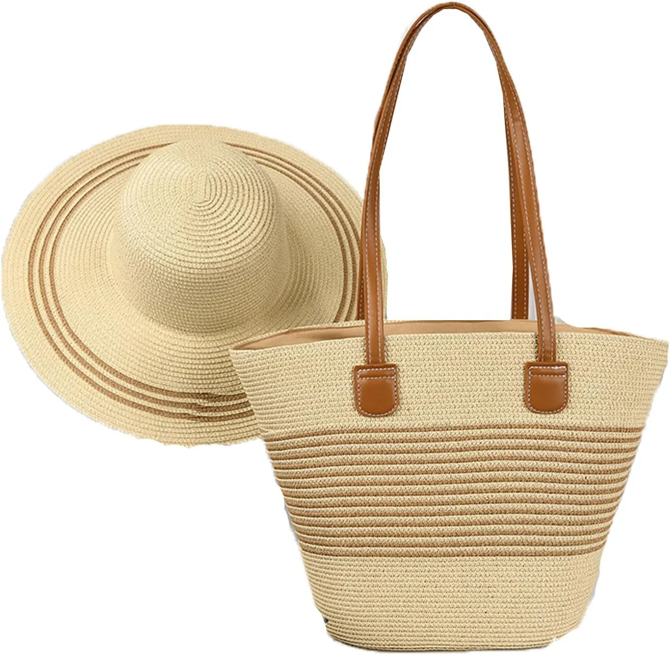 Womens Straw Beach Bag Straw Sun Hat Wide Brim Beach Hat Summer Shoulder Bag Set