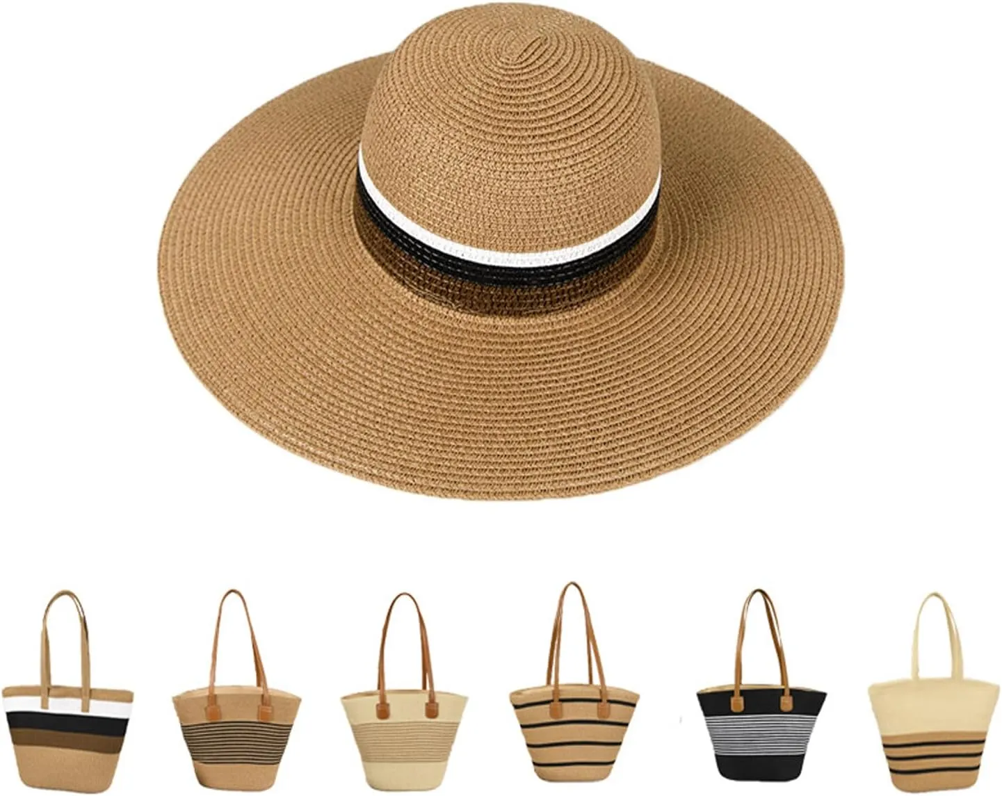 Womens Straw Beach Bag Straw Sun Hat Wide Brim Beach Hat Summer Shoulder Bag Set
