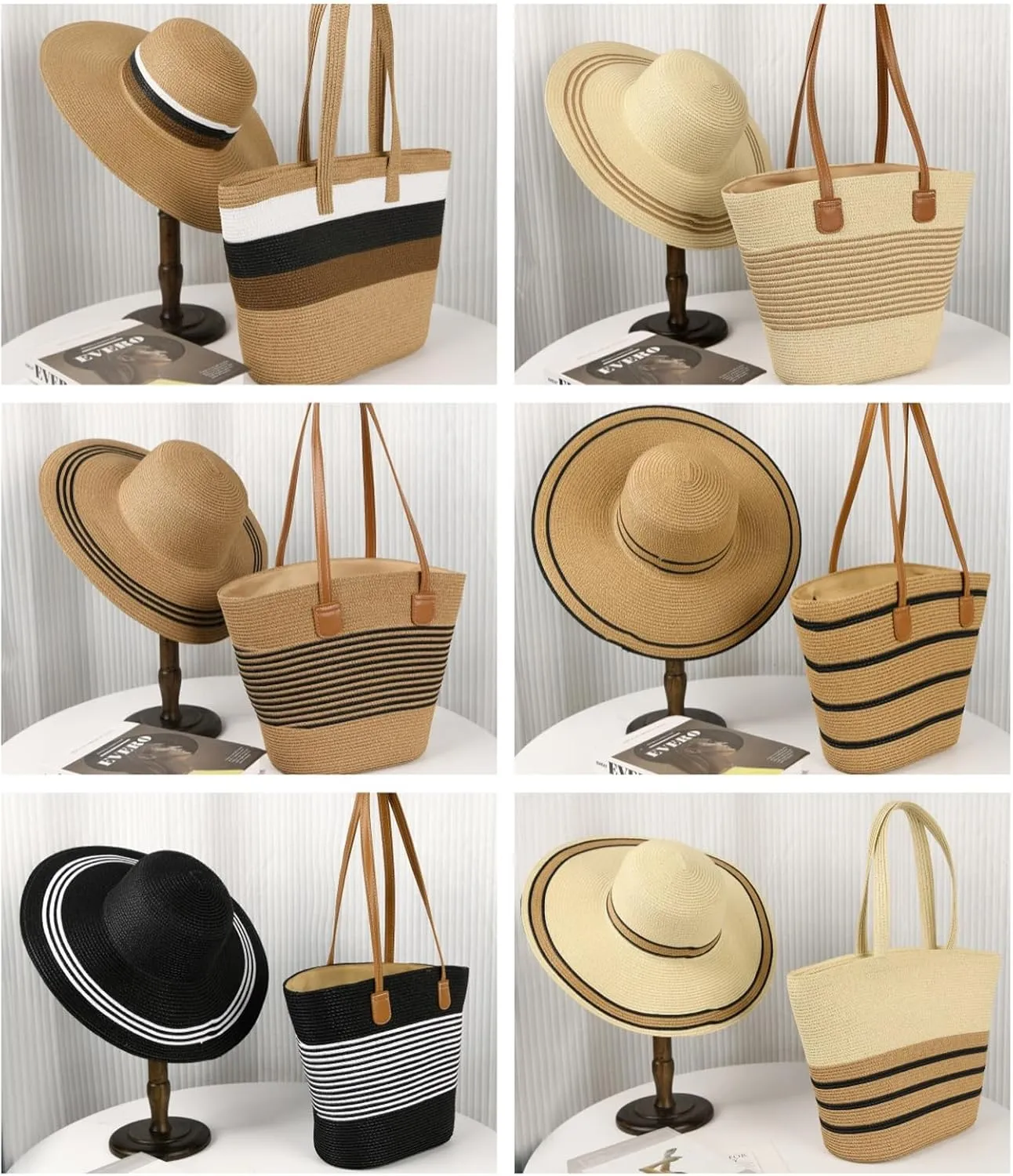 Womens Straw Beach Bag Straw Sun Hat Wide Brim Beach Hat Summer Shoulder Bag Set