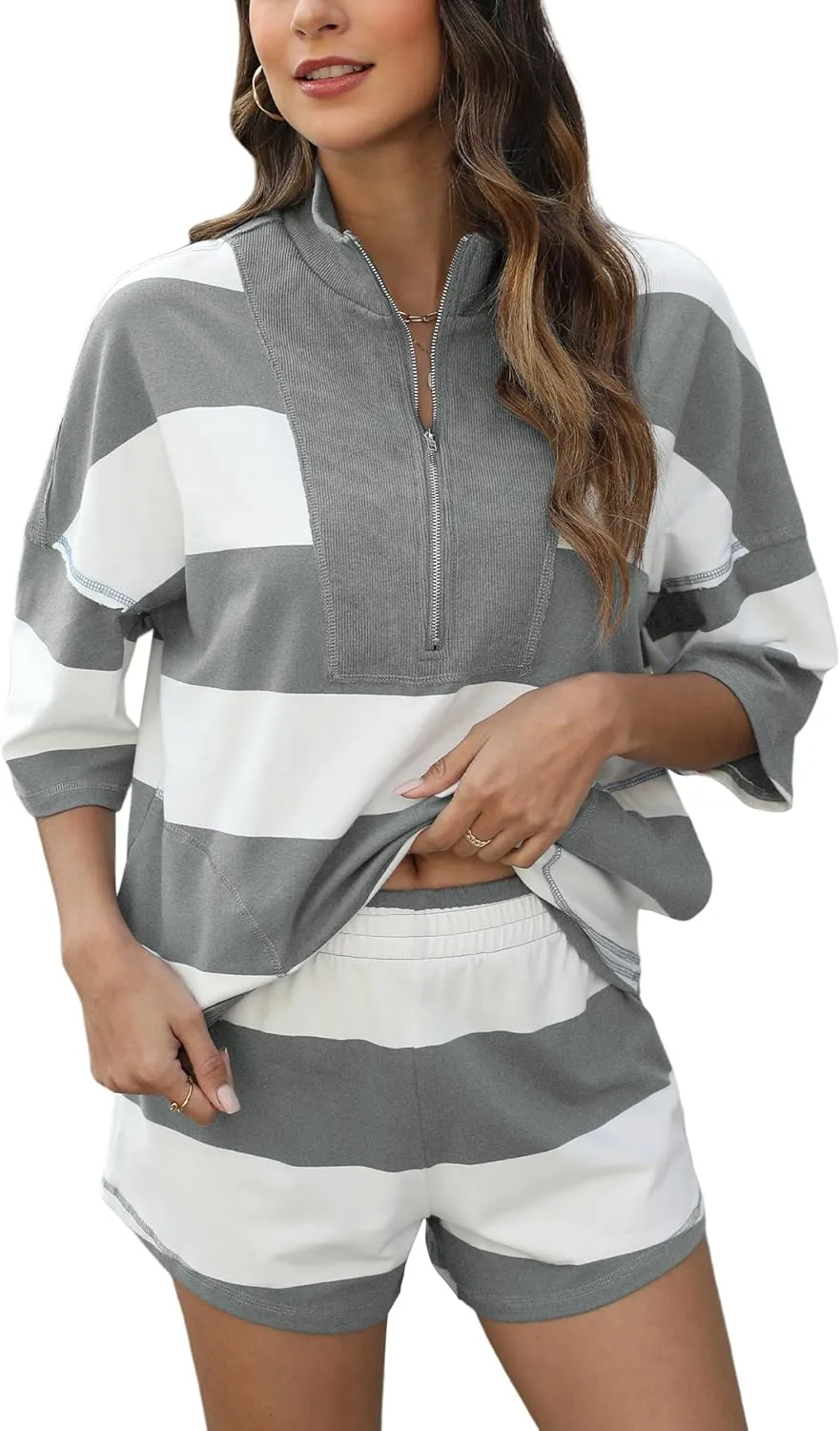 Women's Striped 2 Piece Outfits Oversized Lounge Set Summer Workout Sets Top and Shorts with Pockets