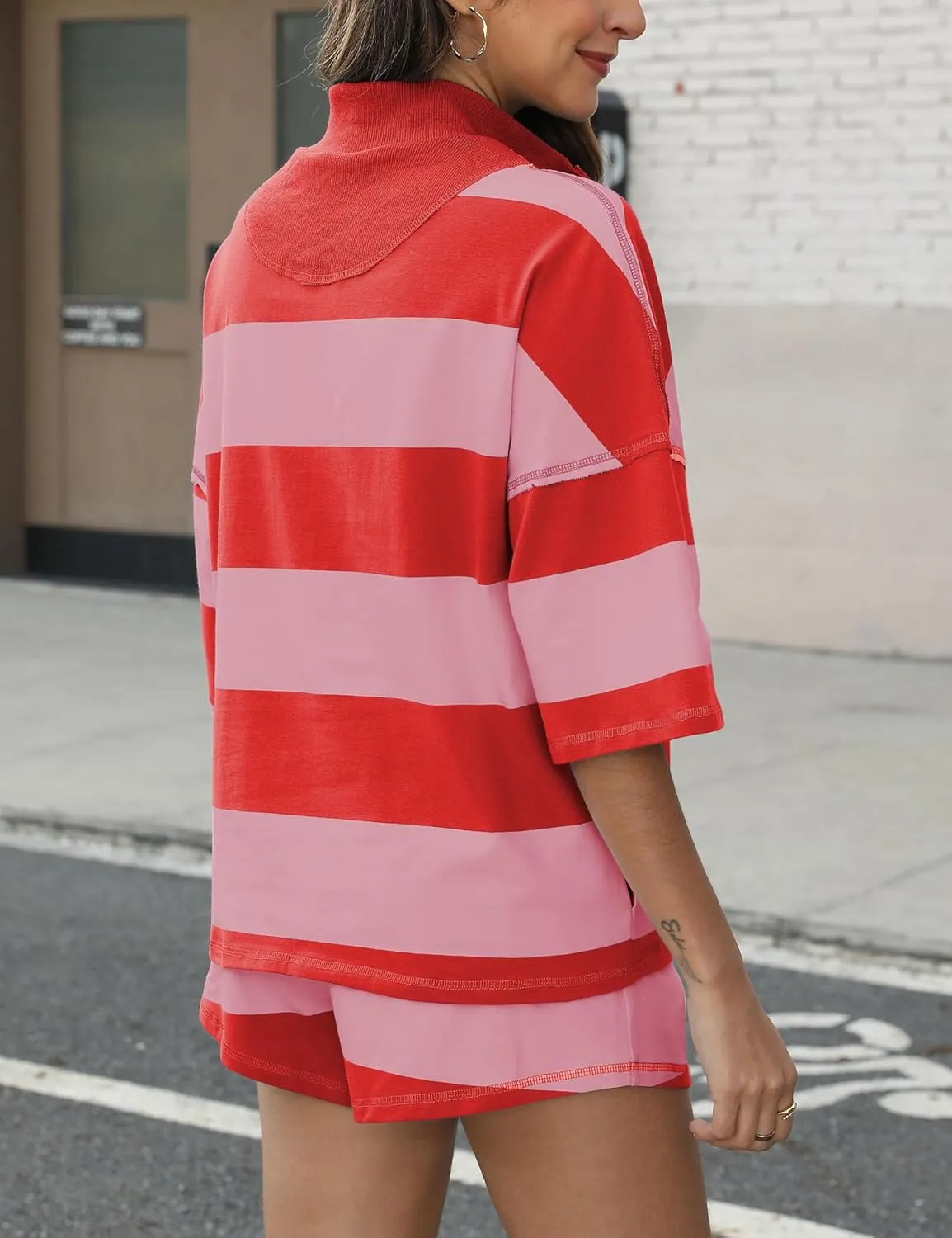 Women's Striped 2 Piece Outfits Oversized Lounge Set Summer Workout Sets Top and Shorts with Pockets