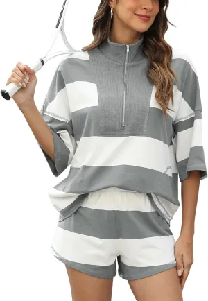 Women's Striped 2 Piece Outfits Oversized Lounge Set Summer Workout Sets Top and Shorts with Pockets