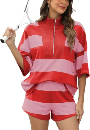 Women's Striped 2 Piece Outfits Oversized Lounge Set Summer Workout Sets Top and Shorts with Pockets