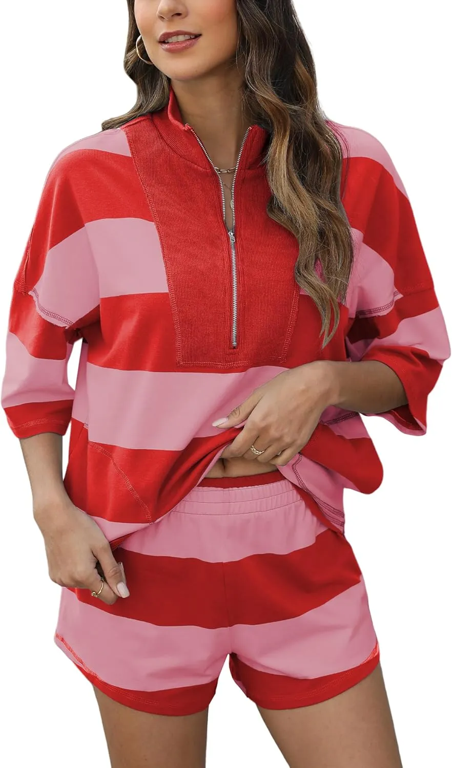 Women's Striped 2 Piece Outfits Oversized Lounge Set Summer Workout Sets Top and Shorts with Pockets