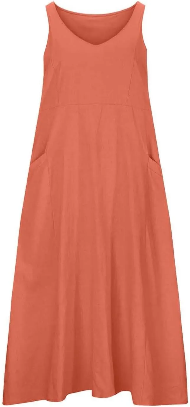Women's Summer Cotton Linen Long Dress Sleeveless Elegant Flowy Beach Dresses Loose Comfy Maxi Dress with Pockets