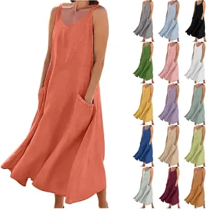 Women's Summer Cotton Linen Long Dress Sleeveless Elegant Flowy Beach Dresses Loose Comfy Maxi Dress with Pockets