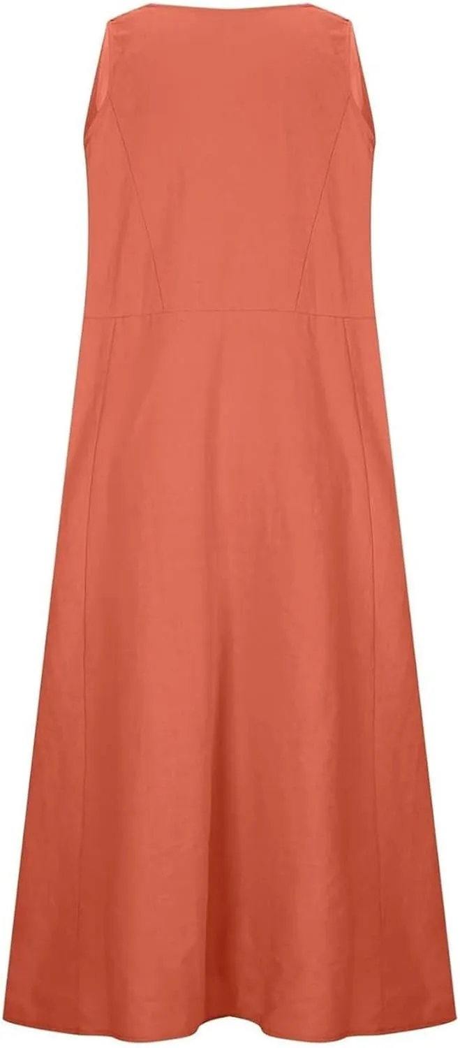 Women's Summer Cotton Linen Long Dress Sleeveless Elegant Flowy Beach Dresses Loose Comfy Maxi Dress with Pockets