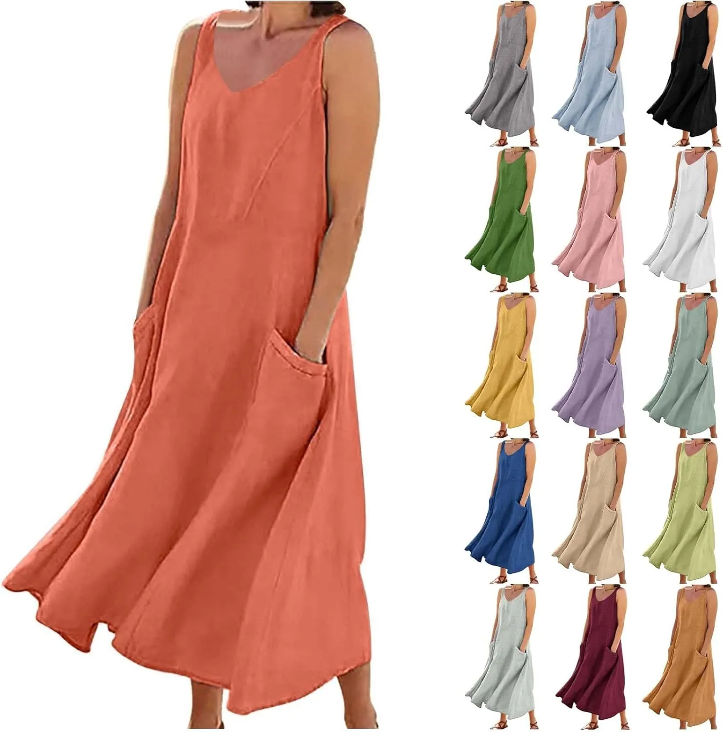 Women's Summer Cotton Linen Long Dress Sleeveless Elegant Flowy Beach Dresses Loose Comfy Maxi Dress with Pockets