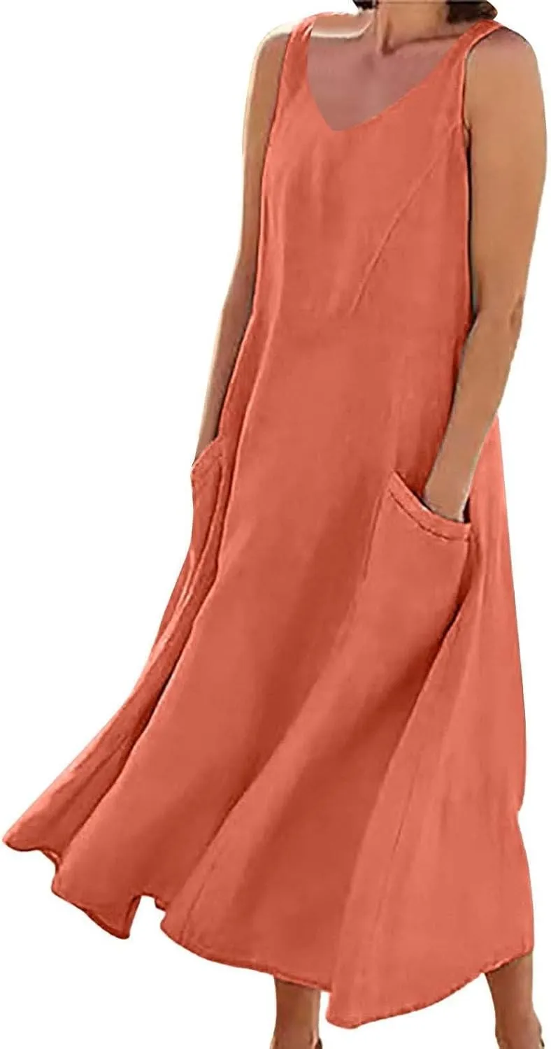 Women's Summer Cotton Linen Long Dress Sleeveless Elegant Flowy Beach Dresses Loose Comfy Maxi Dress with Pockets