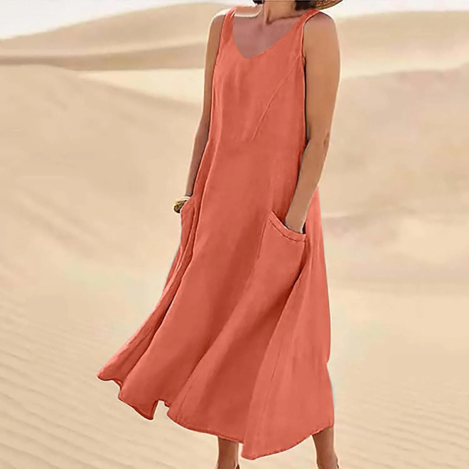 Women's Summer Cotton Linen Long Dress Sleeveless Elegant Flowy Beach Dresses Loose Comfy Maxi Dress with Pockets