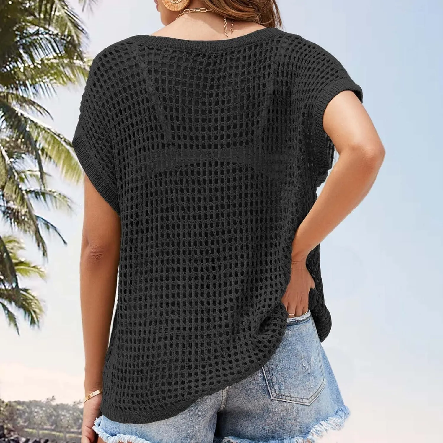 Womens Summer Crewneck Short Sleeve Tops Crochet Hollow Out Knit Pullover Shirts Casaul Loose Fit Beach Coverups